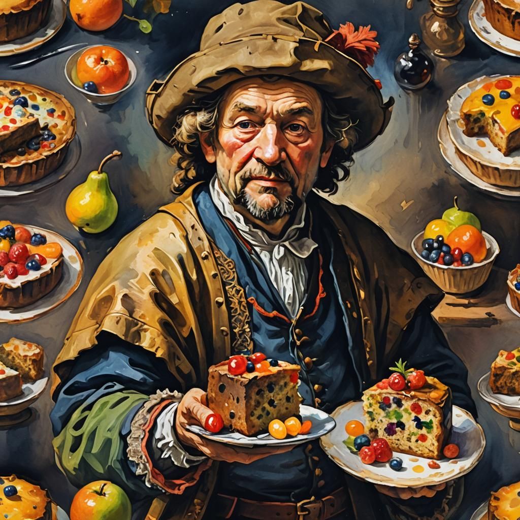 Fruitcake in Rembrandt Inspired Gouache Style