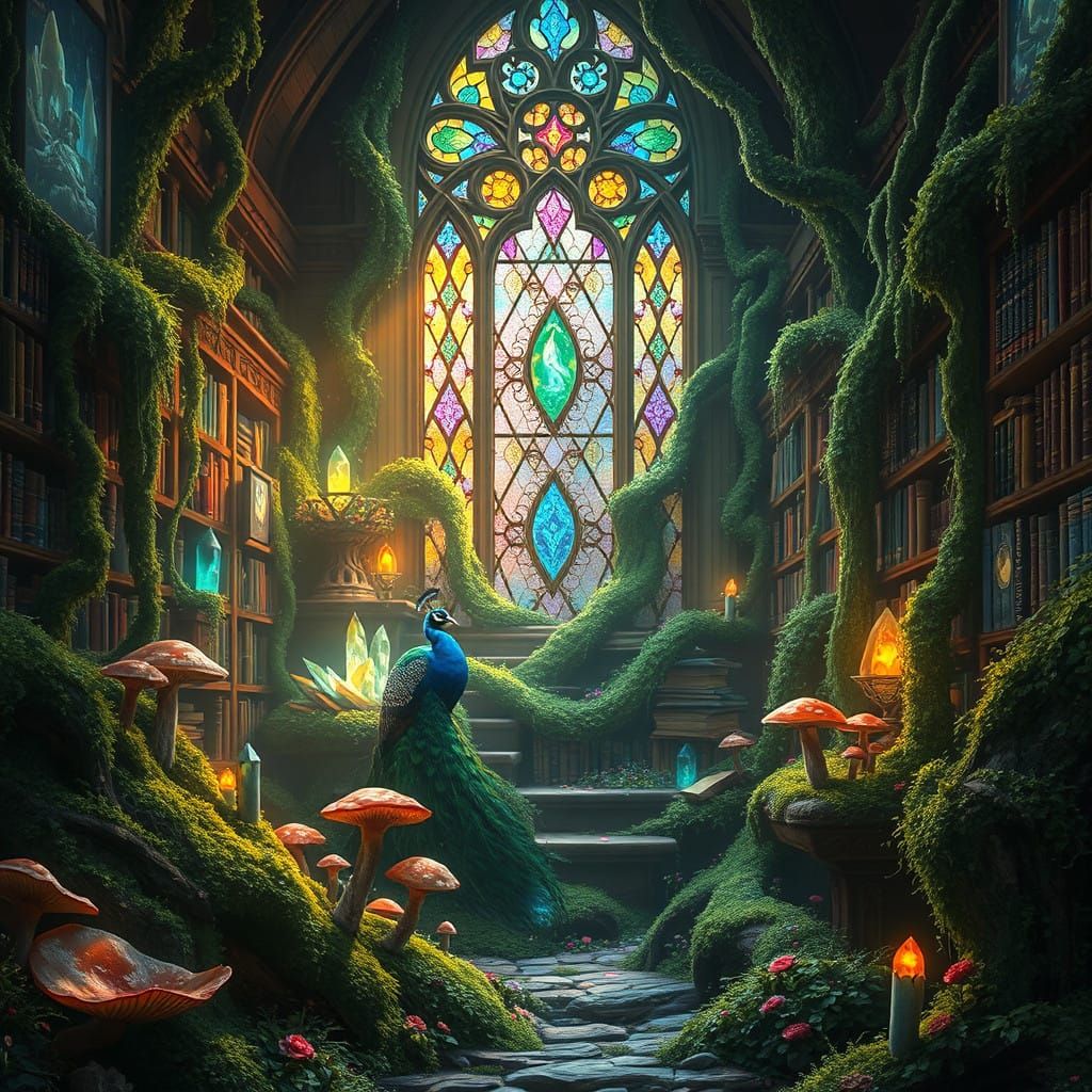 Whimsical Library of Moss, Vines, and Crystals with Majestic...