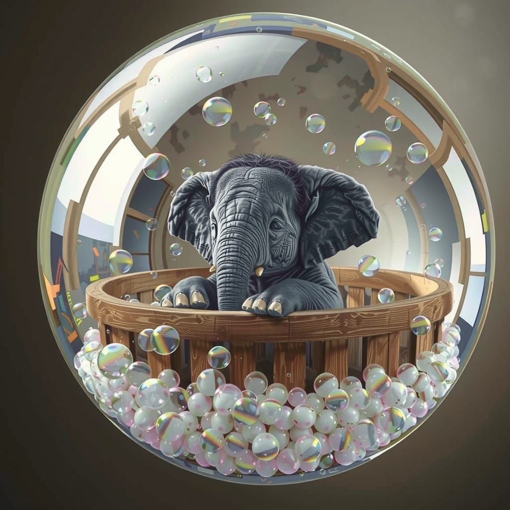 Baby Elephant in Bubble Bath, Hyperrealistic Digital Art