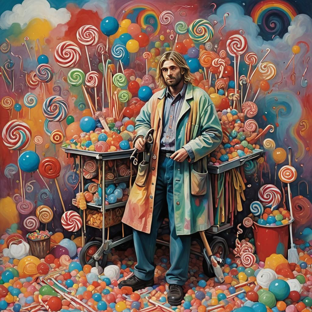 Surreal Janitor's Cart with Colorful Sweets as Gouache Paint...
