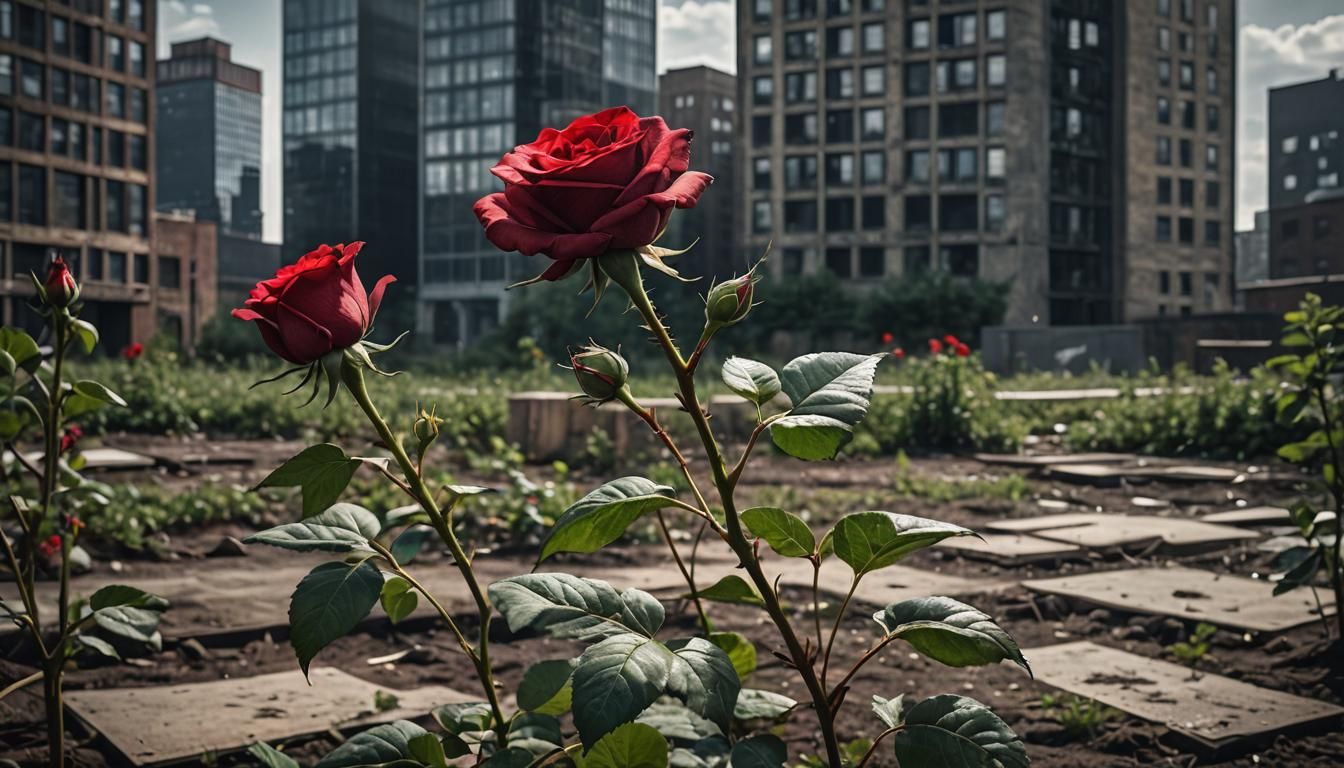 Red Rose and Dark Tower, Hyperrealistic Image