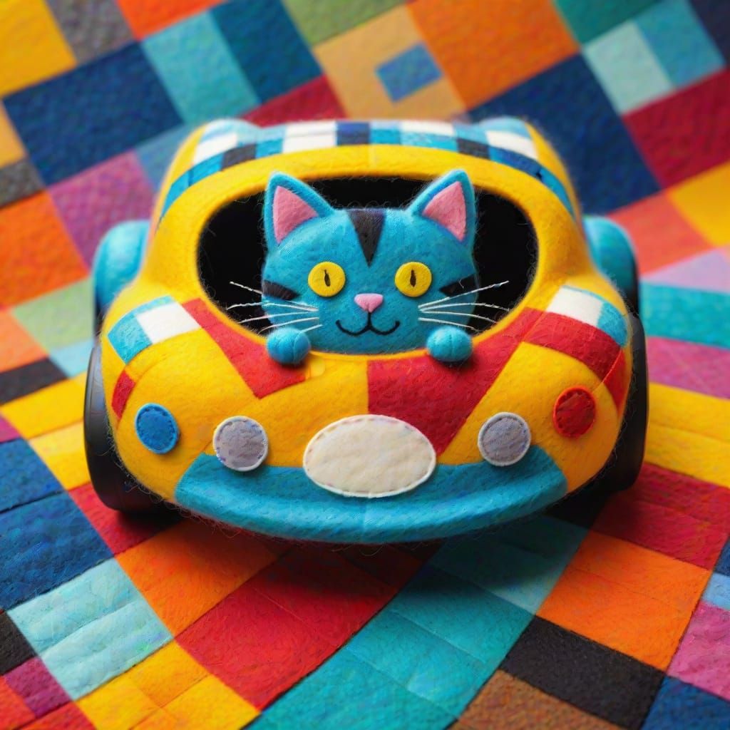 Felt Race Car with Cat: Whimsical Textile Art