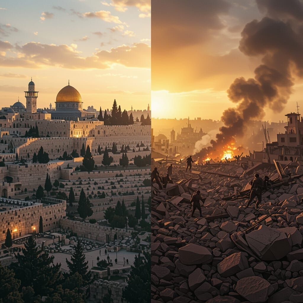 Jerusalem: Sunrise Peace vs. War-Torn Conflict Split Scene