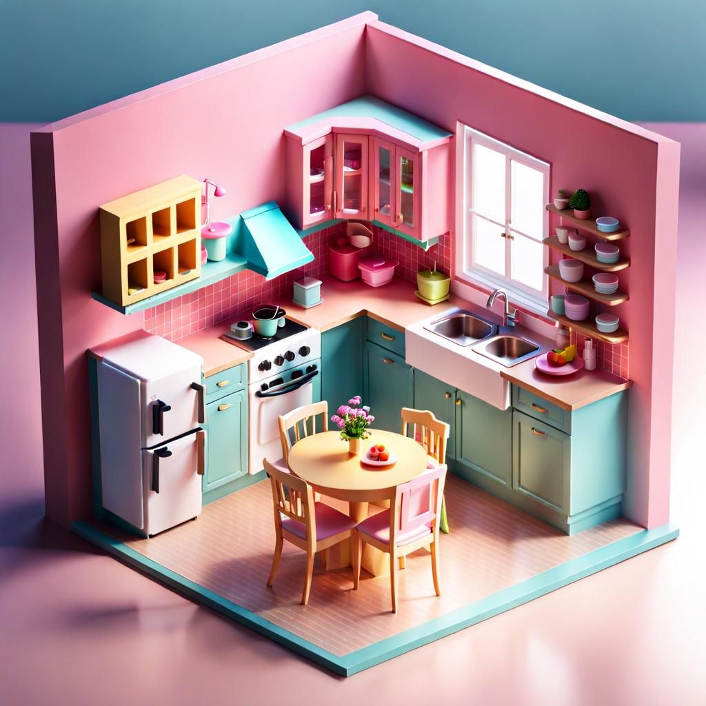 Isometric Barbie Kitchen in Cutaway Box: 3D Render