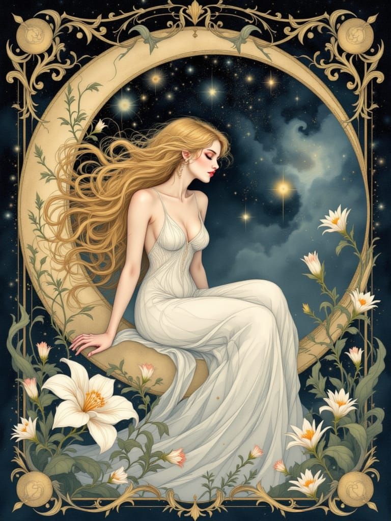 Art Nouveau Celestial Muse on Crescent Moon