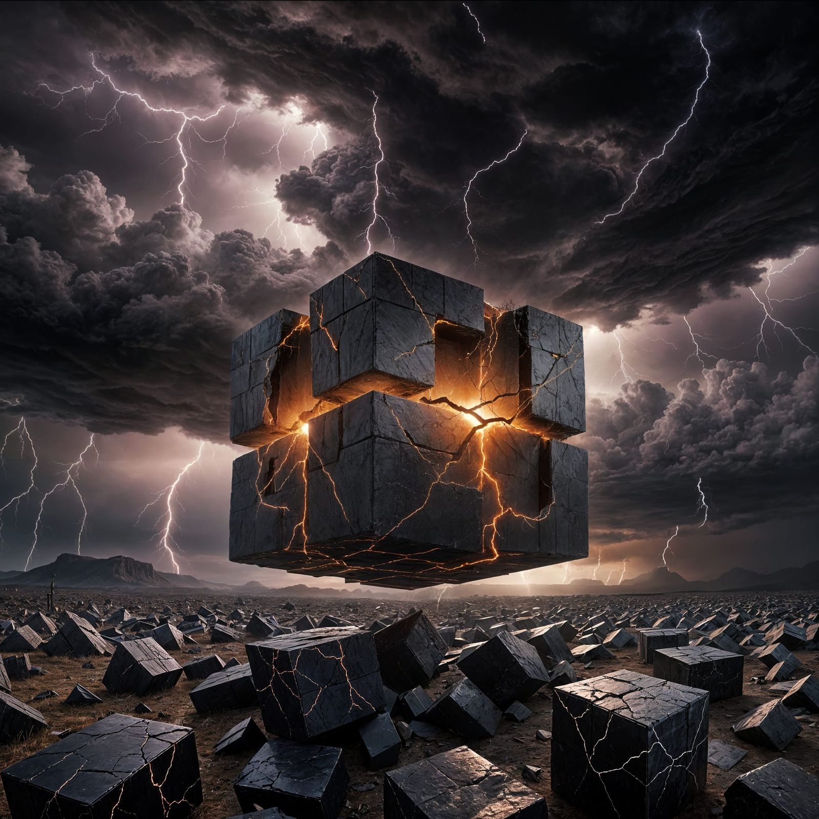 Dark Cube Over Desolate Landscape in Photorealistic Style