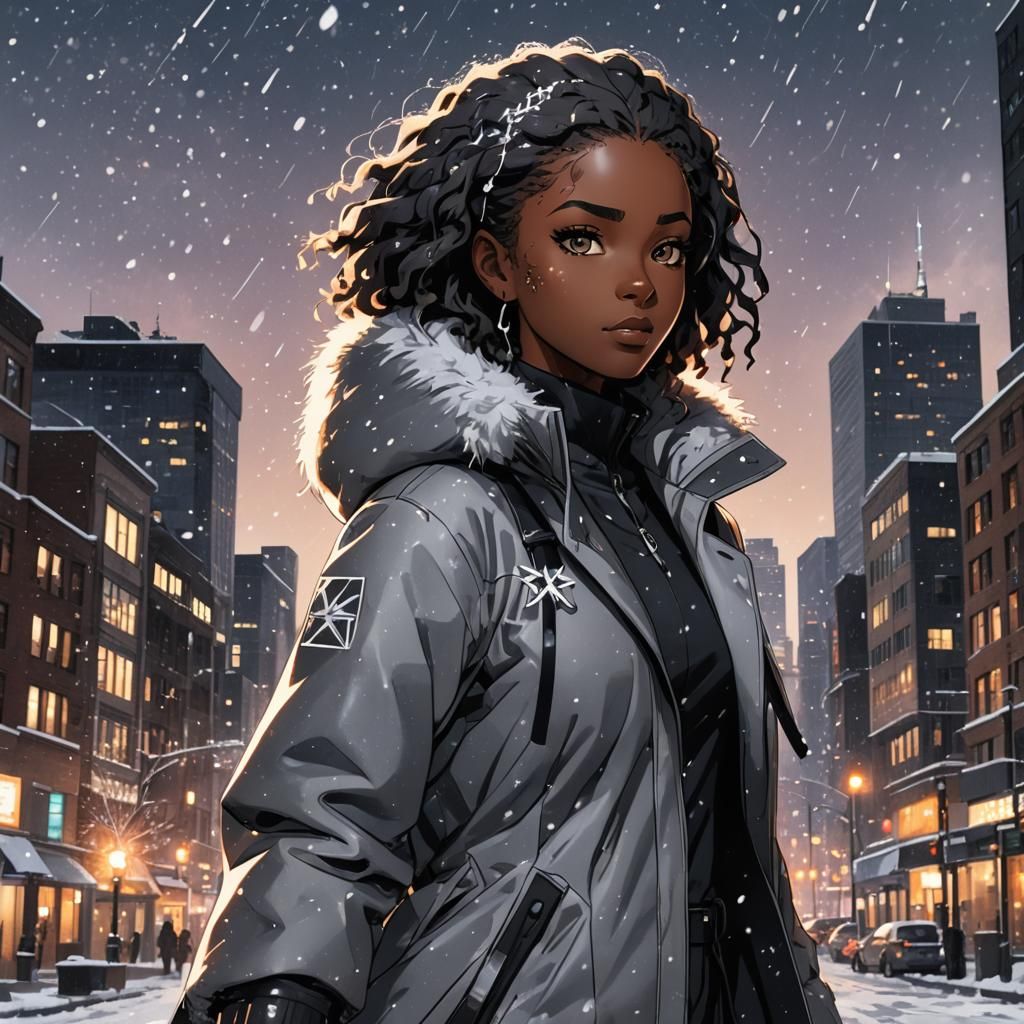 Heroic Black Girl in Anime-Inspired Winter Coat