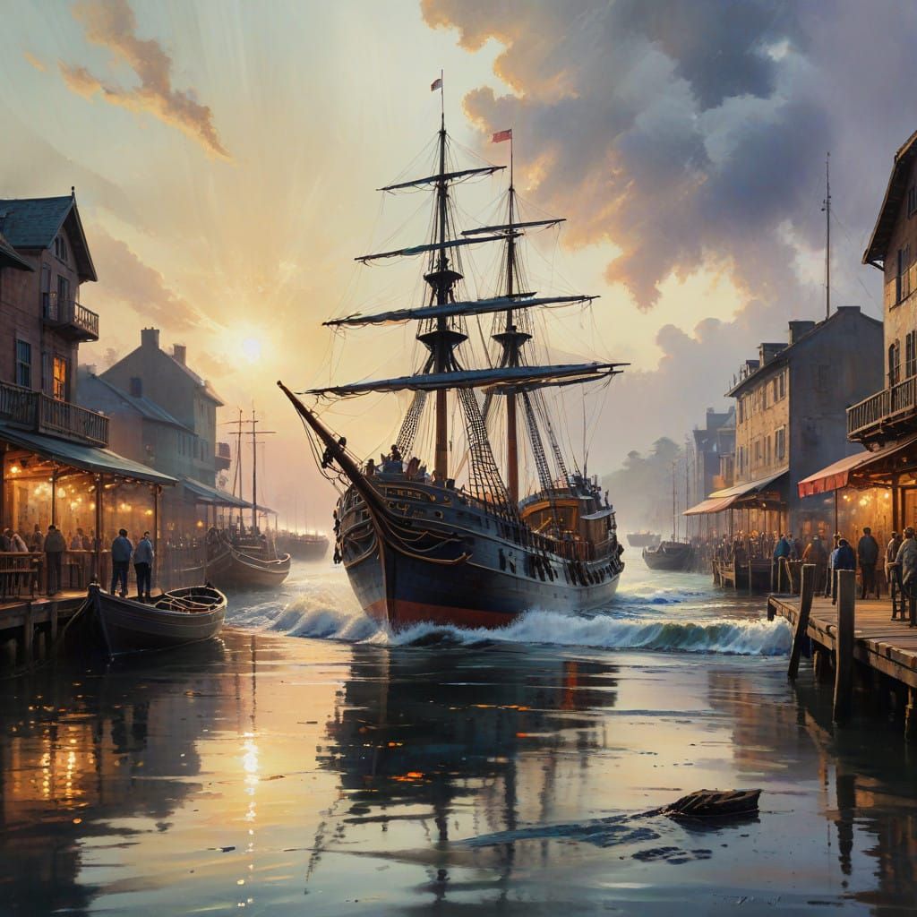 Elegant Wooden Warship Sails into Quaint Port at Sunset