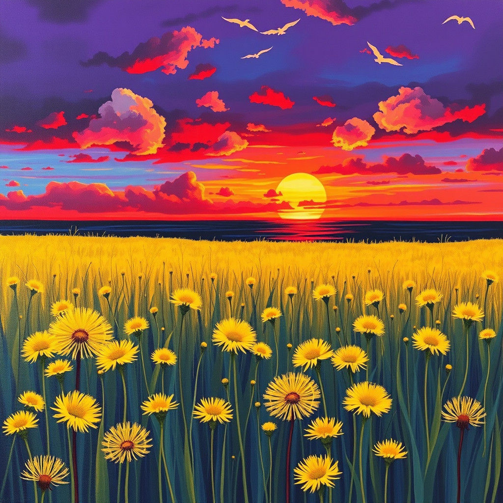 Sunset Countryside with Dandelions in Abstract Style