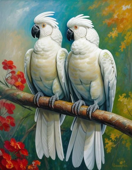 Girl with Cockatoo: Neo-Impressionist Oil Painting