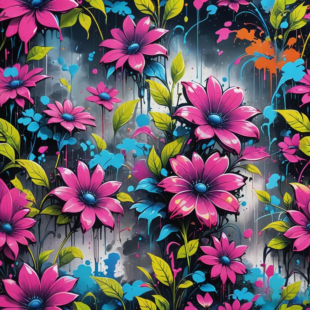 Futuristic Graffiti Garden with Neon Flowers