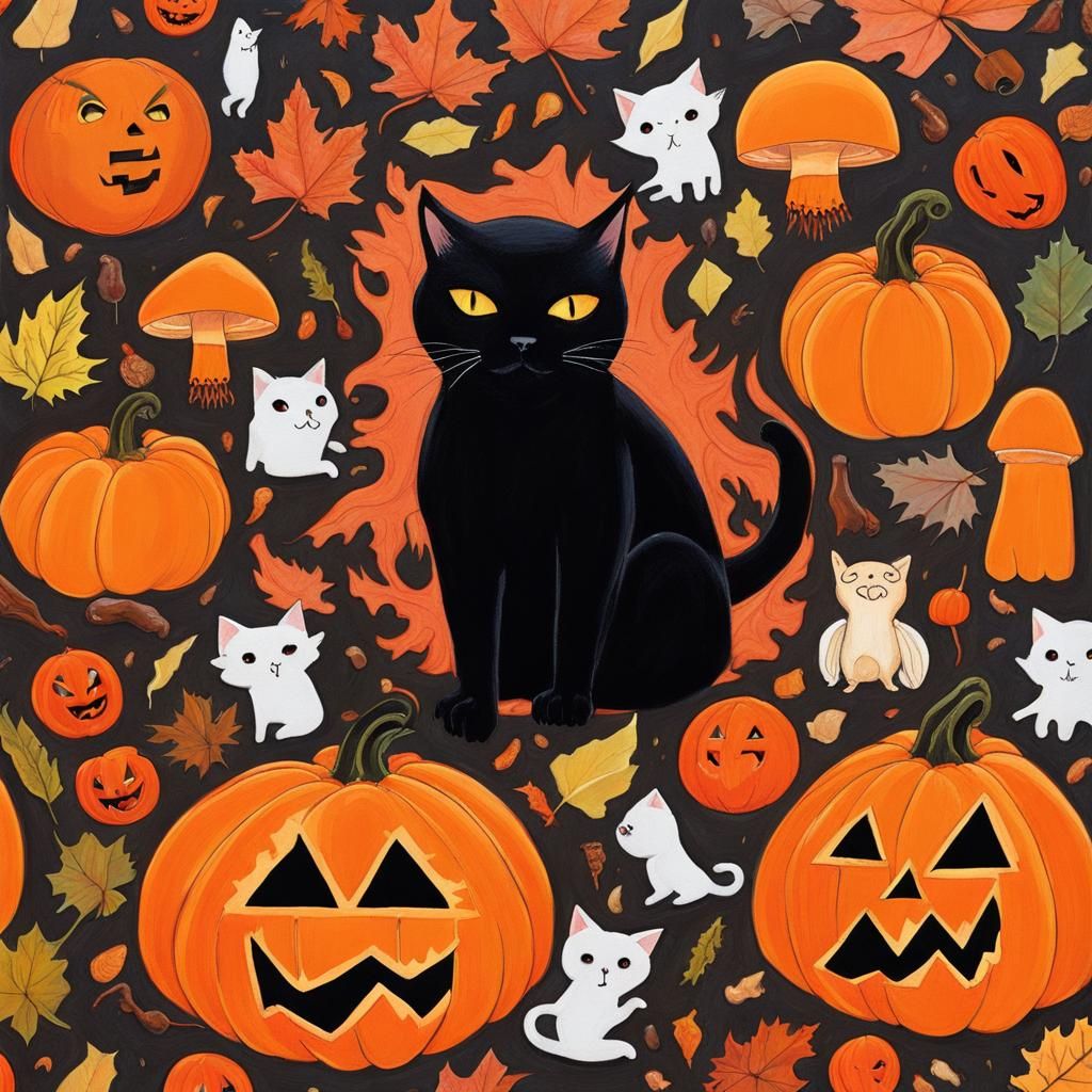 Halloween Icons: Autumnal Gouache Painting with Black Cat