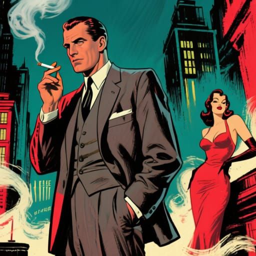 Suave Spy in Noir Cityscape, Pulp Art Style