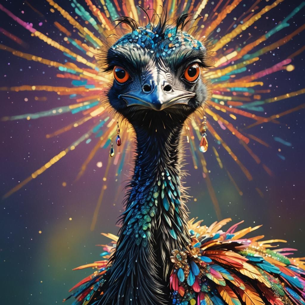 Emu in Evening Dress: Hyperrealistic Splash Art