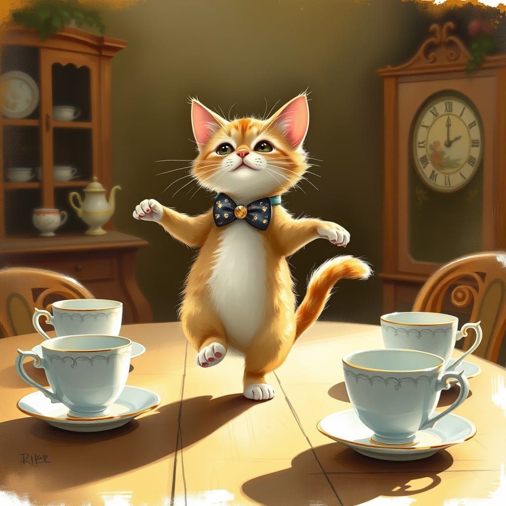 Feline Ballerina in Whimsical Tea Party Setting