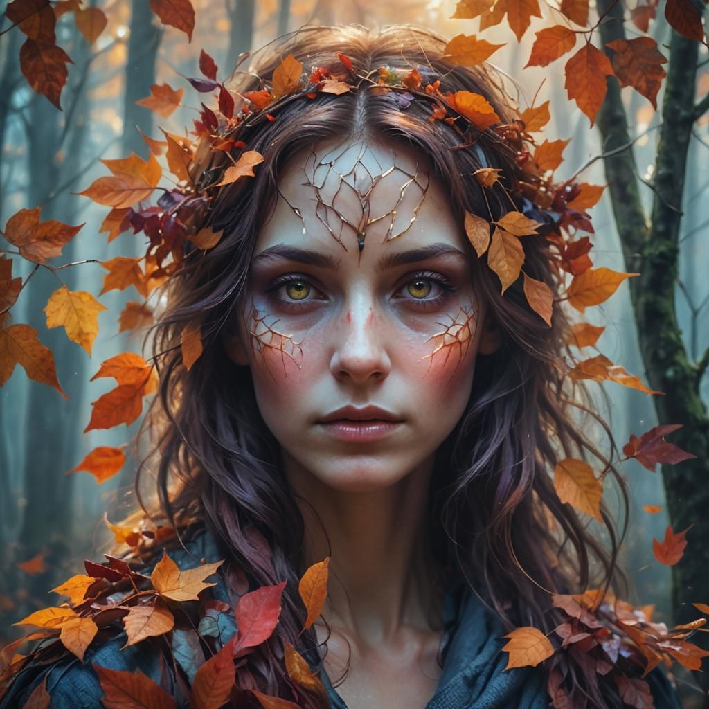 Ethereal Woman in Autumn Forest: Fantasy Concept Art