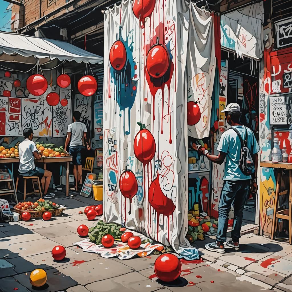 Vibrant Street Art of Fruit Market, Basquiat Style