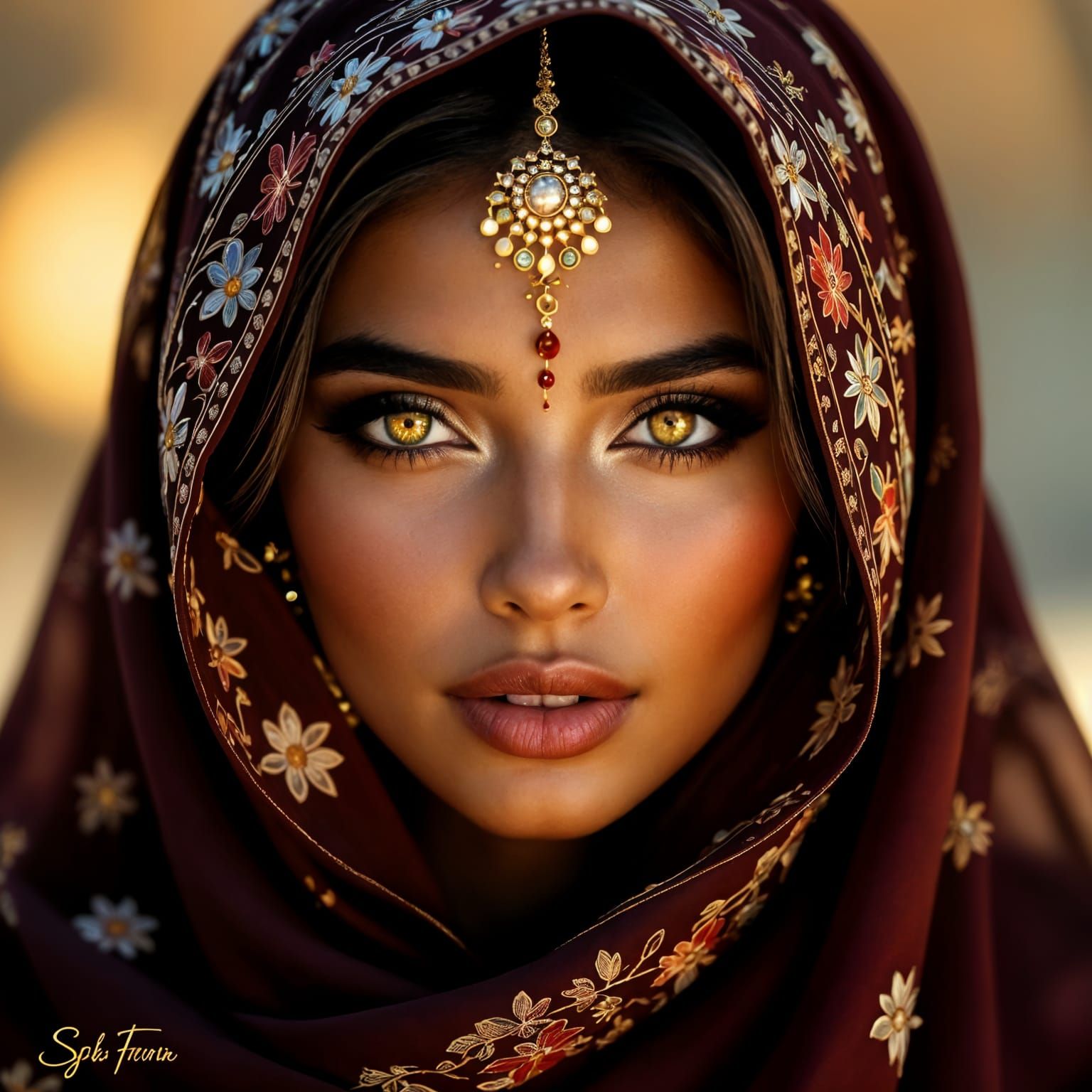 Woman with Amber Eyes in Ornate Headscarf