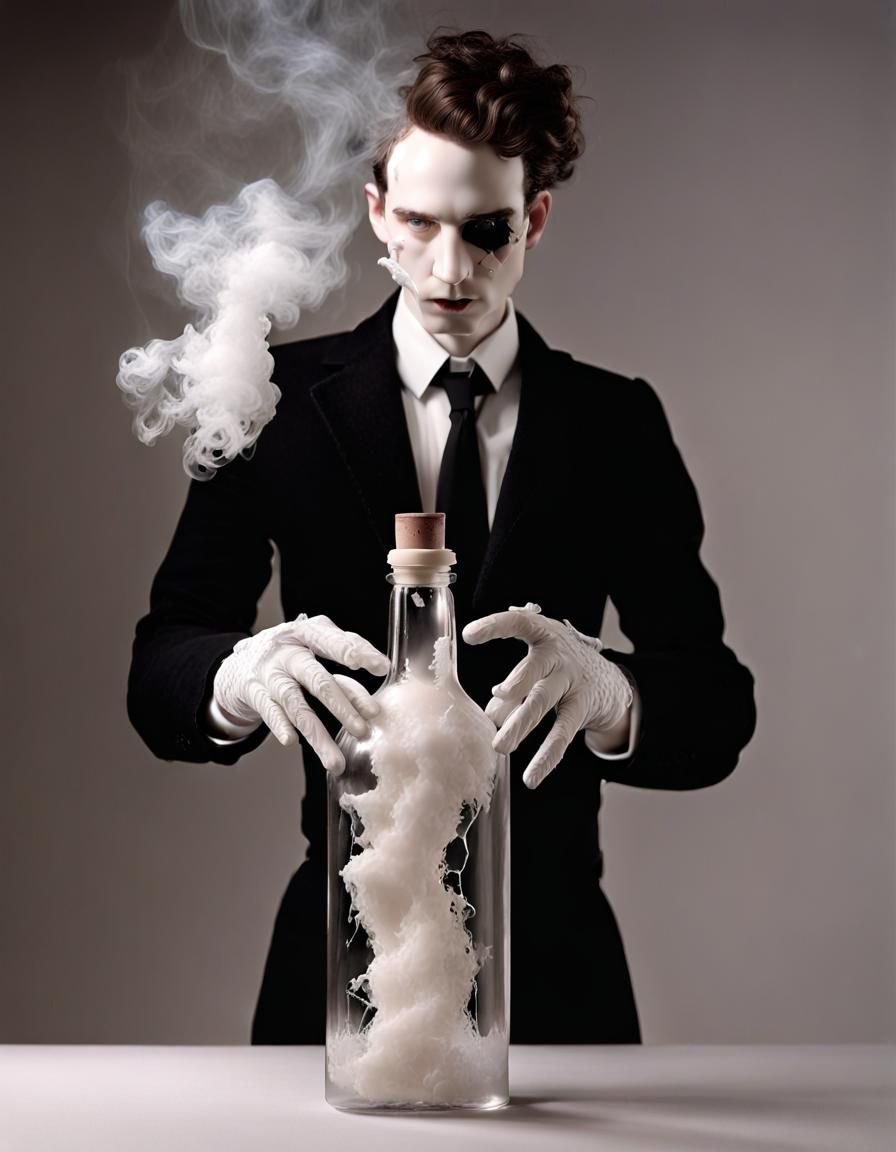 Surreal Smoke-Filled Bottle with Porcelain Doll