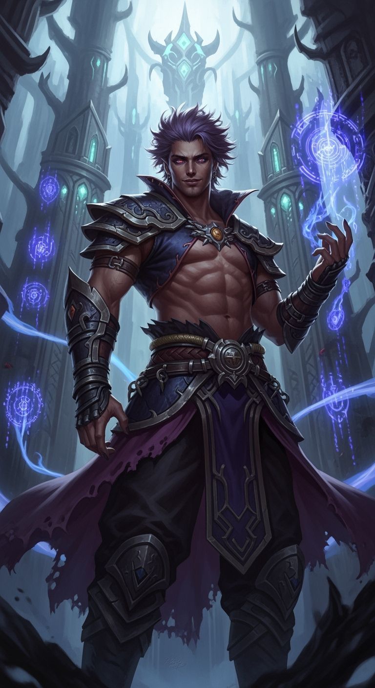 Rugged Man with Violet Hair in Mystical City