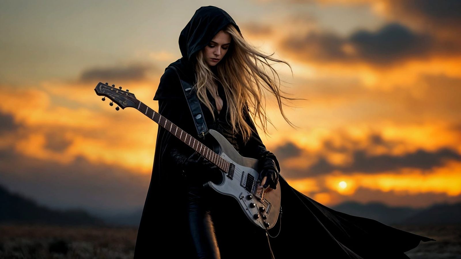 Gothic Woman Wielding Guitar at Dusk