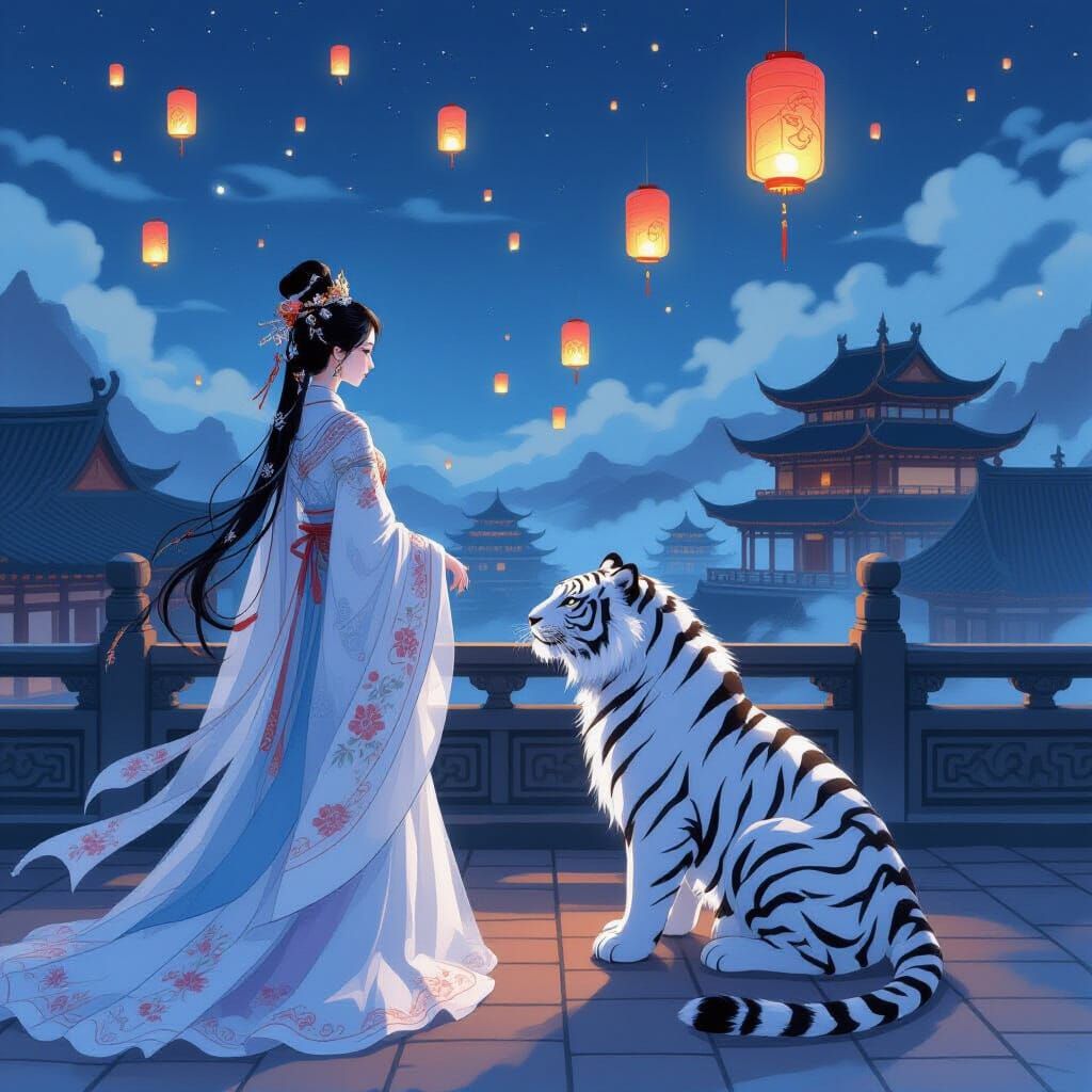 Princess, Tiger, and Lanterns in Xu Beihong Style