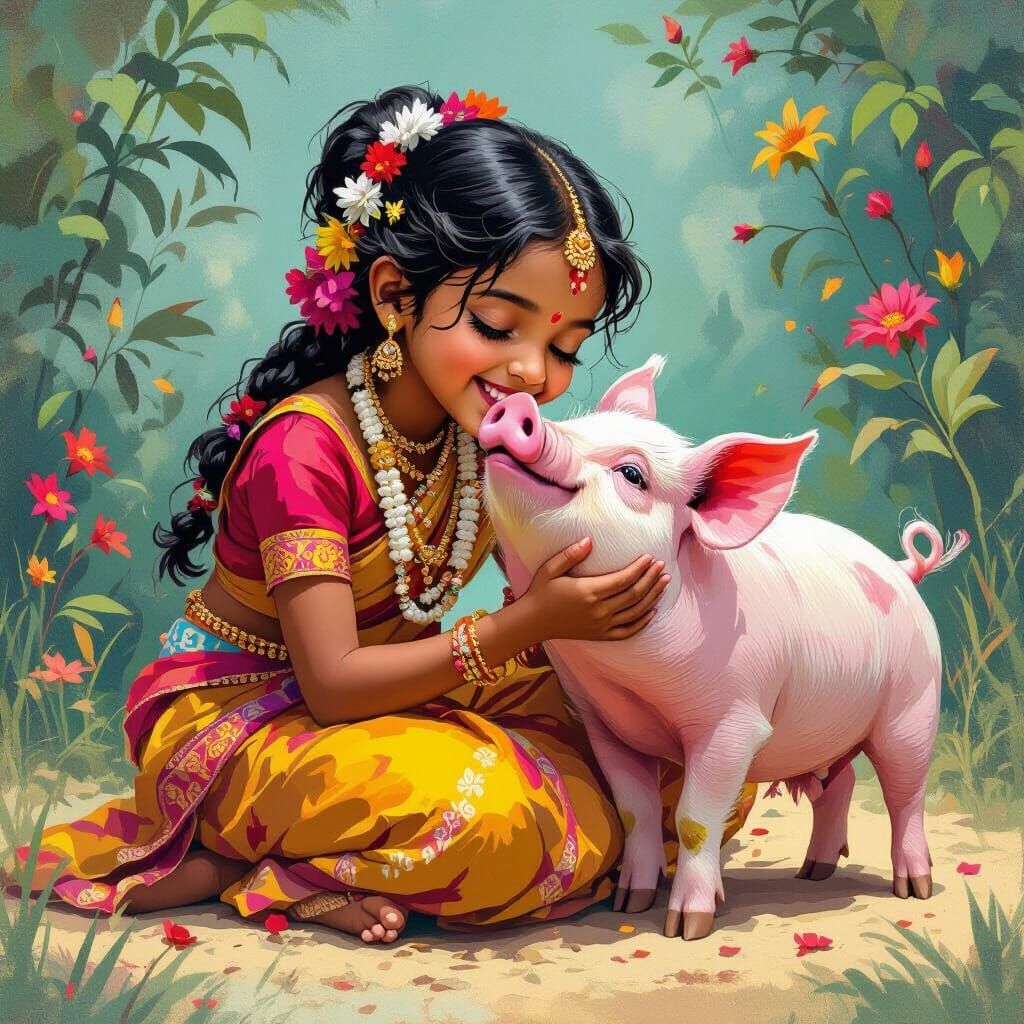 Whimsical Sri Lankan Girl and Pig Illustration
