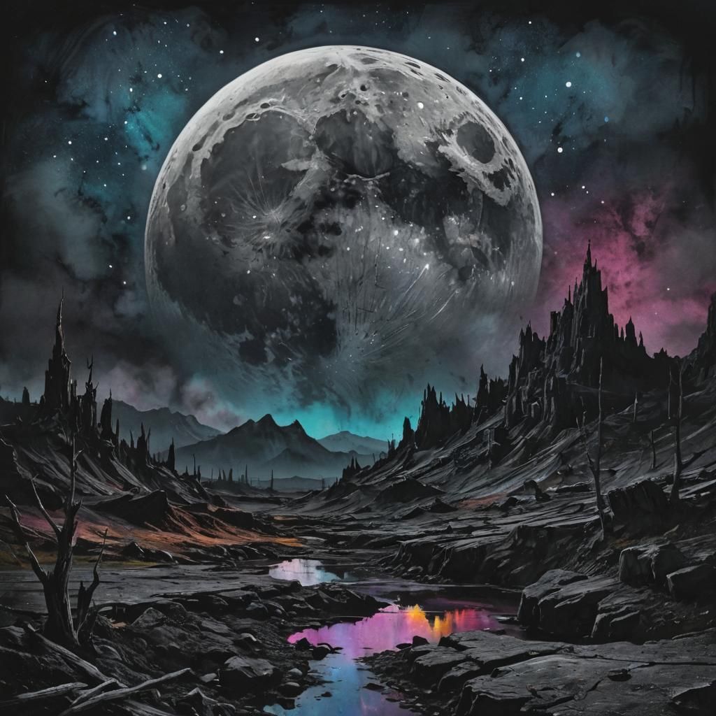 Grimdark Moon Over Mystical Landscape, Double Exposure Effec...