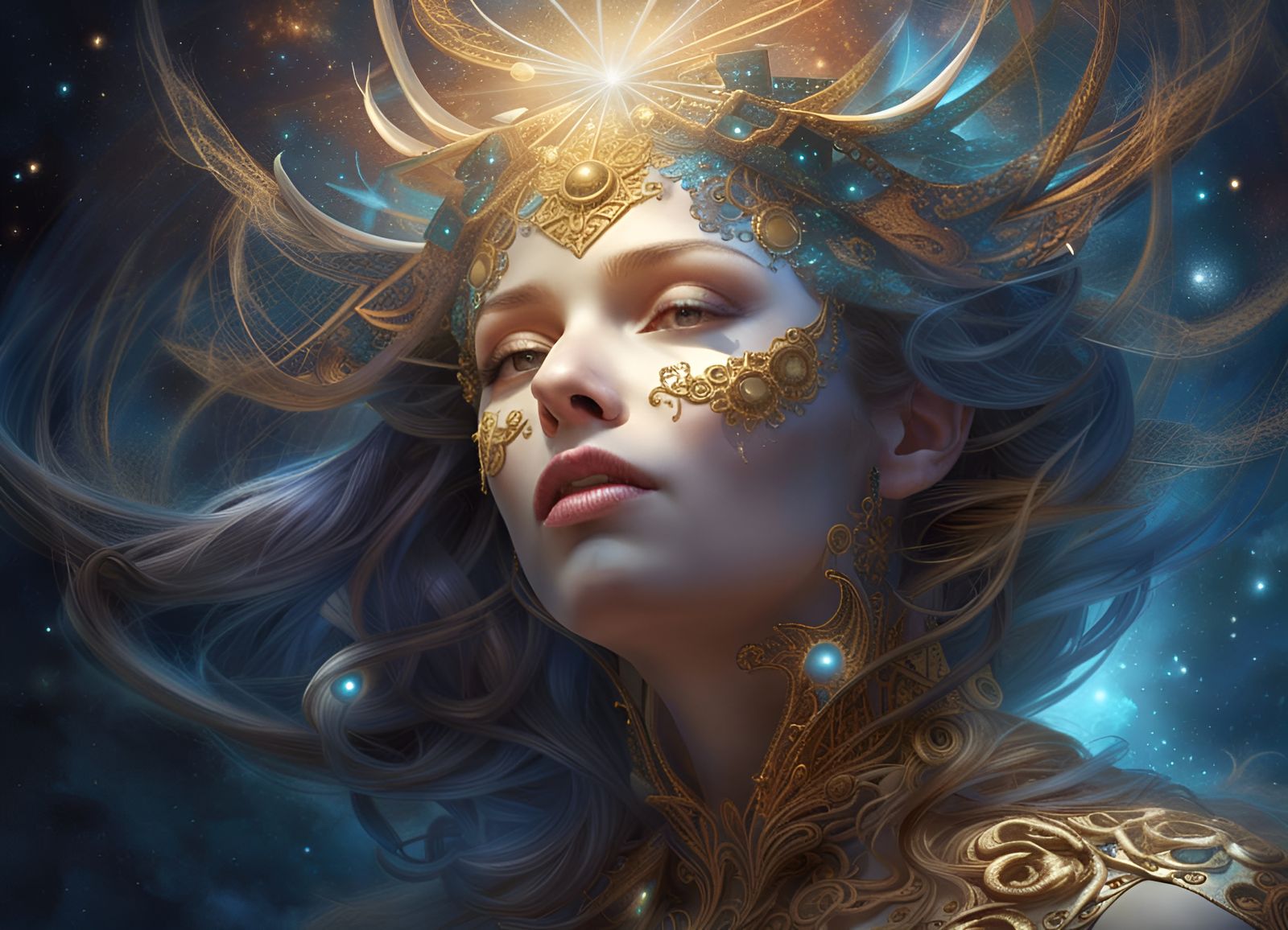 Goddess Asteria in Aetherpunk Style, 3D Digital Art