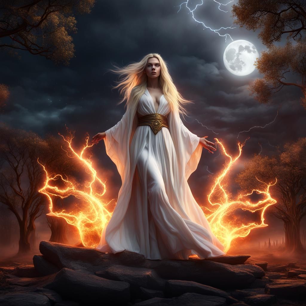 Goddess with Blonde Hair and Runes in Fantasy Art