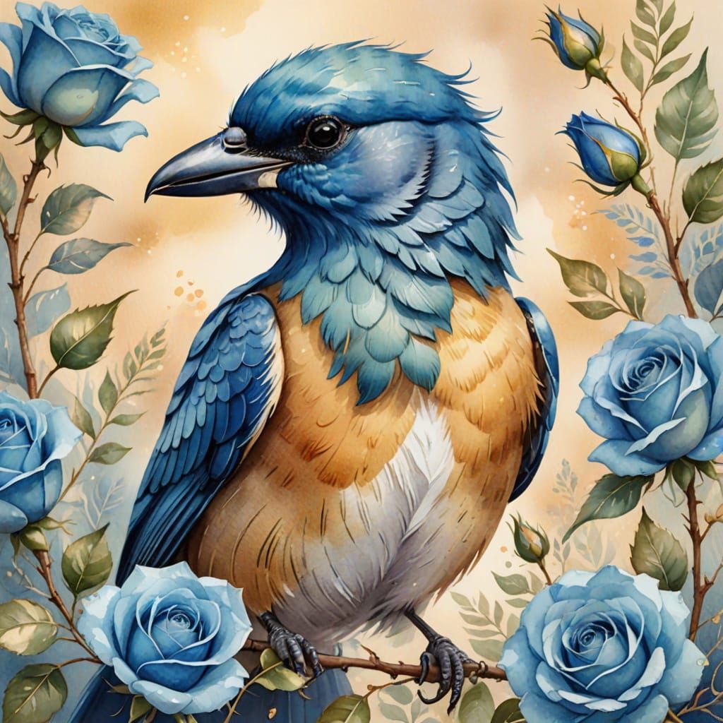Mother's Day Bird Holding Blue Rose Watercolor Illustration