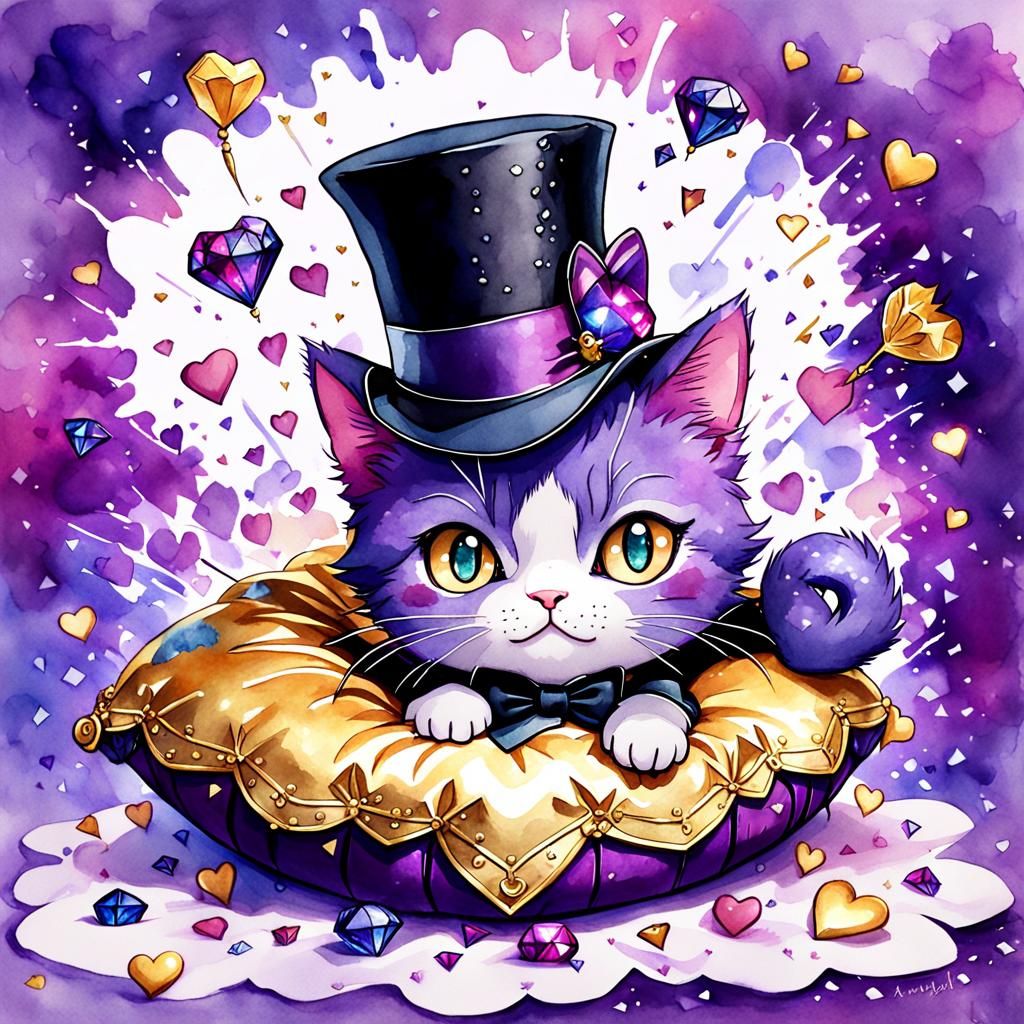 Chibi Violet Cat in Watercolor with Purple Hearts