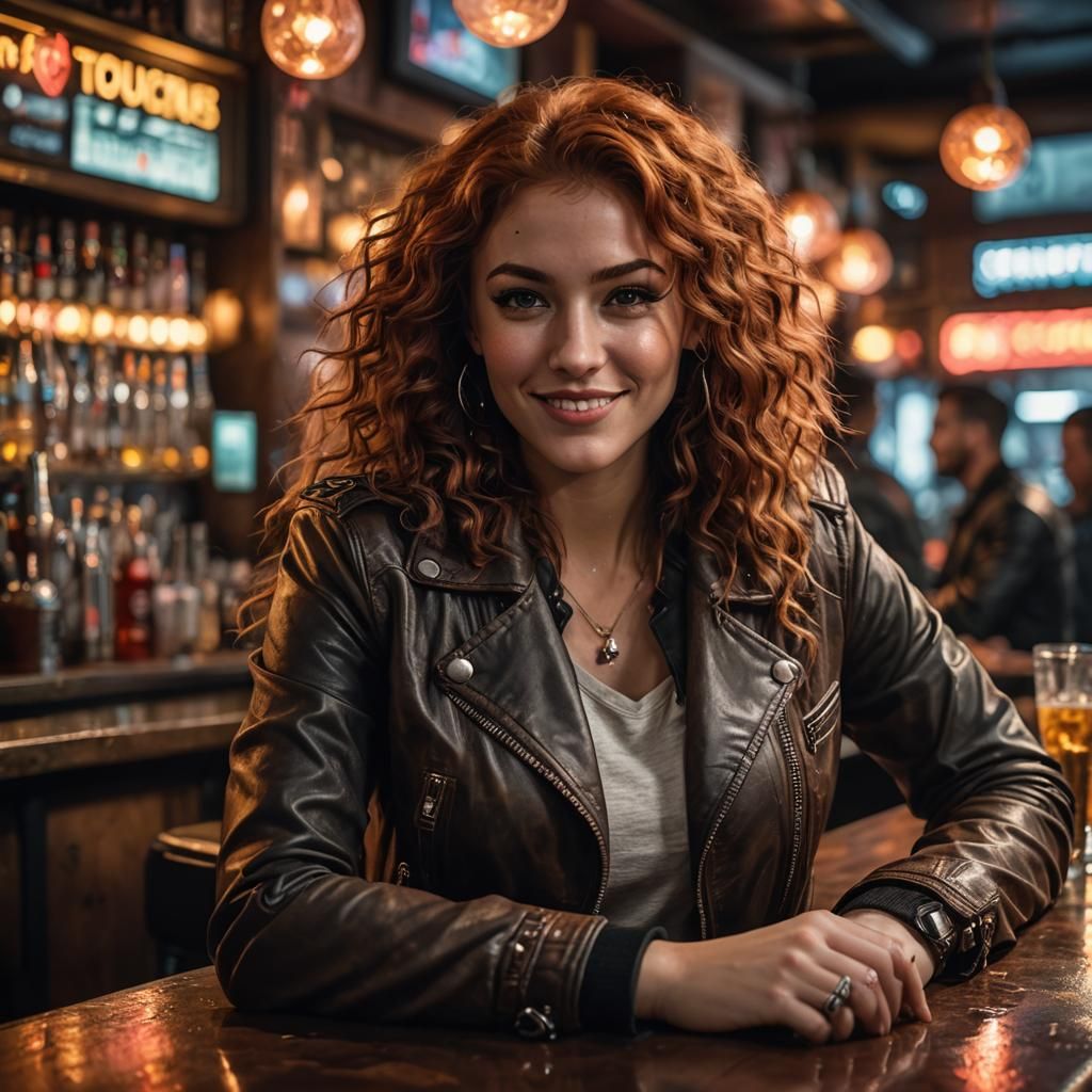 Red Haired Woman in Cyberpunk Bar, Impressionist Style
