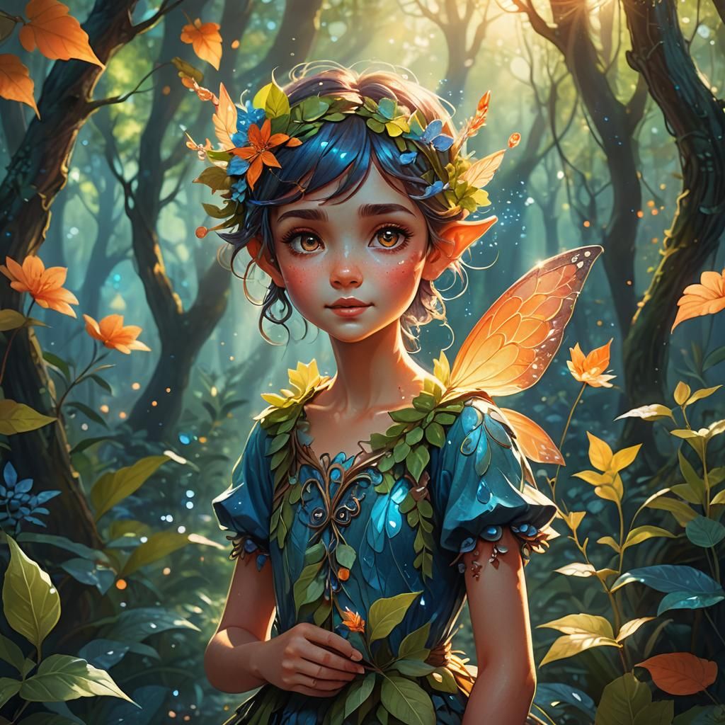 Shy Pixie in Lush Forest: Fantasy Illustration