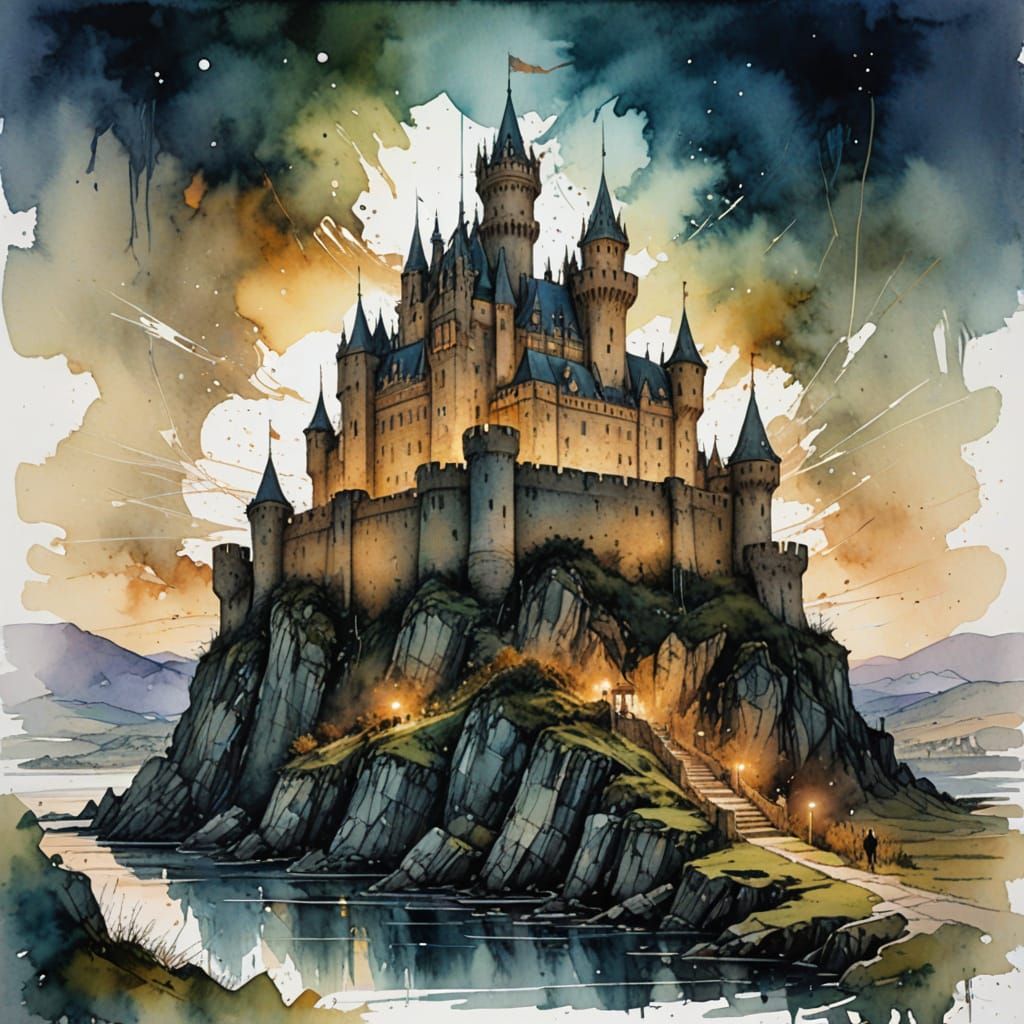 Ethereal Castle at Twilight in Whimsical Watercolour