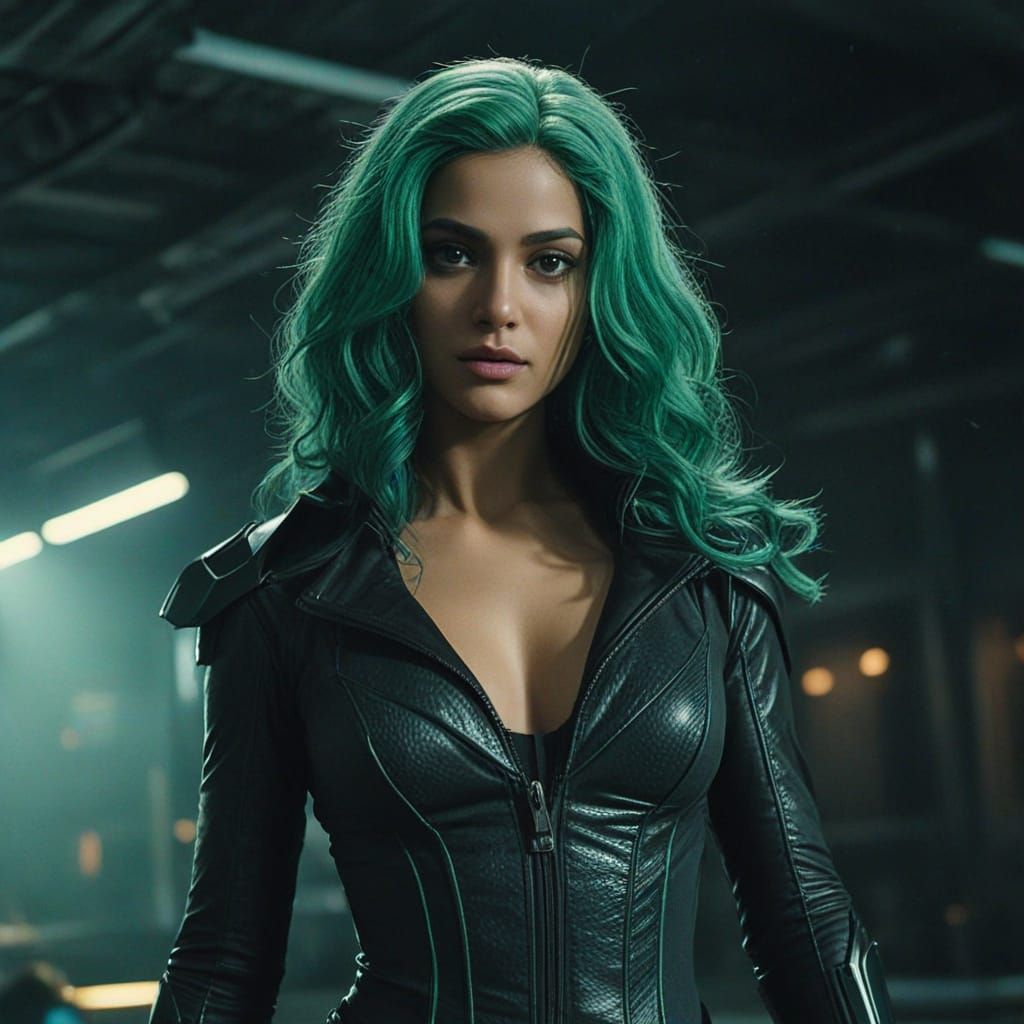 Green-Haired Woman with Pistol in Spaceport