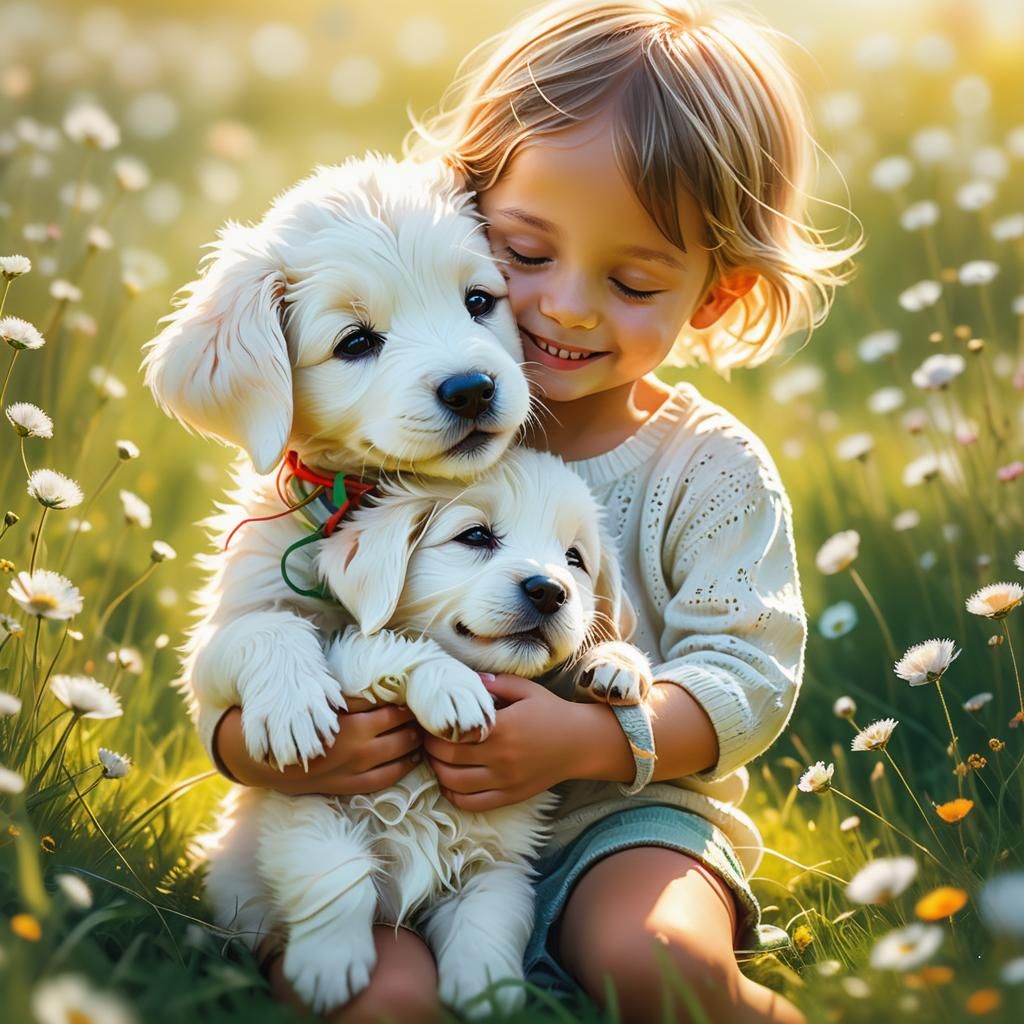 Dreamy Meadow: Child and Puppy Digital Art