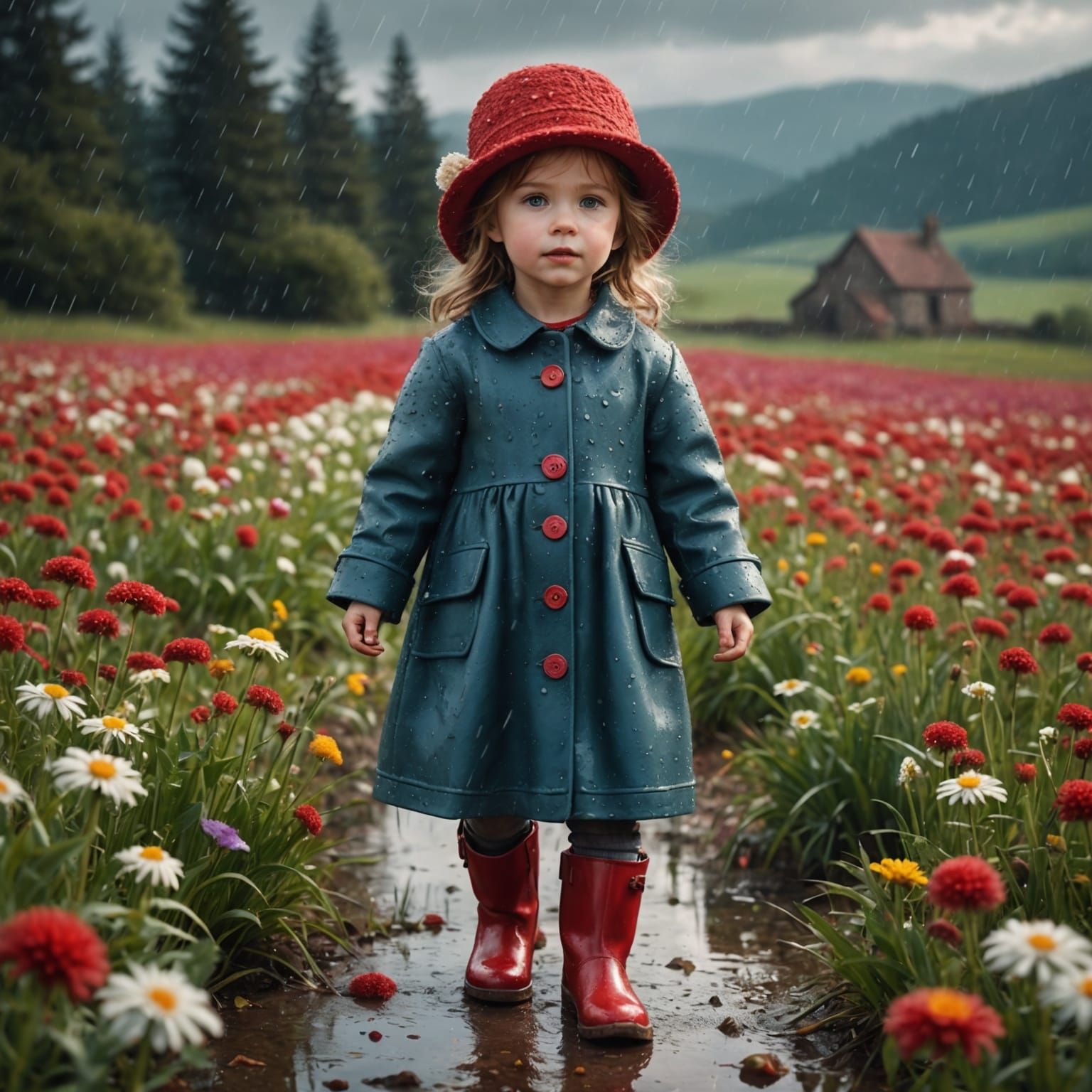 Girl in Wool Hat Walking in Flower Field