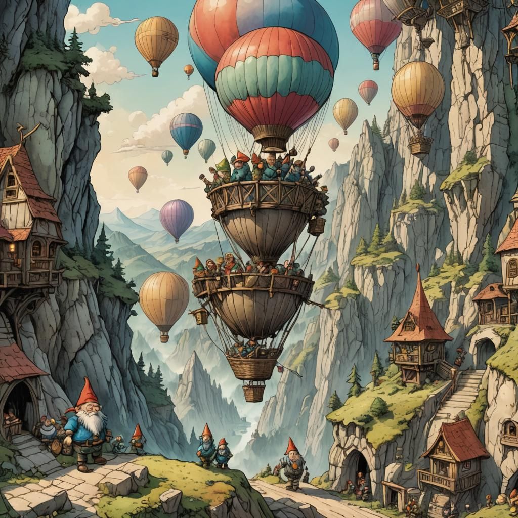 Gnomes Constructing Air Balloon in Retro D&D Style