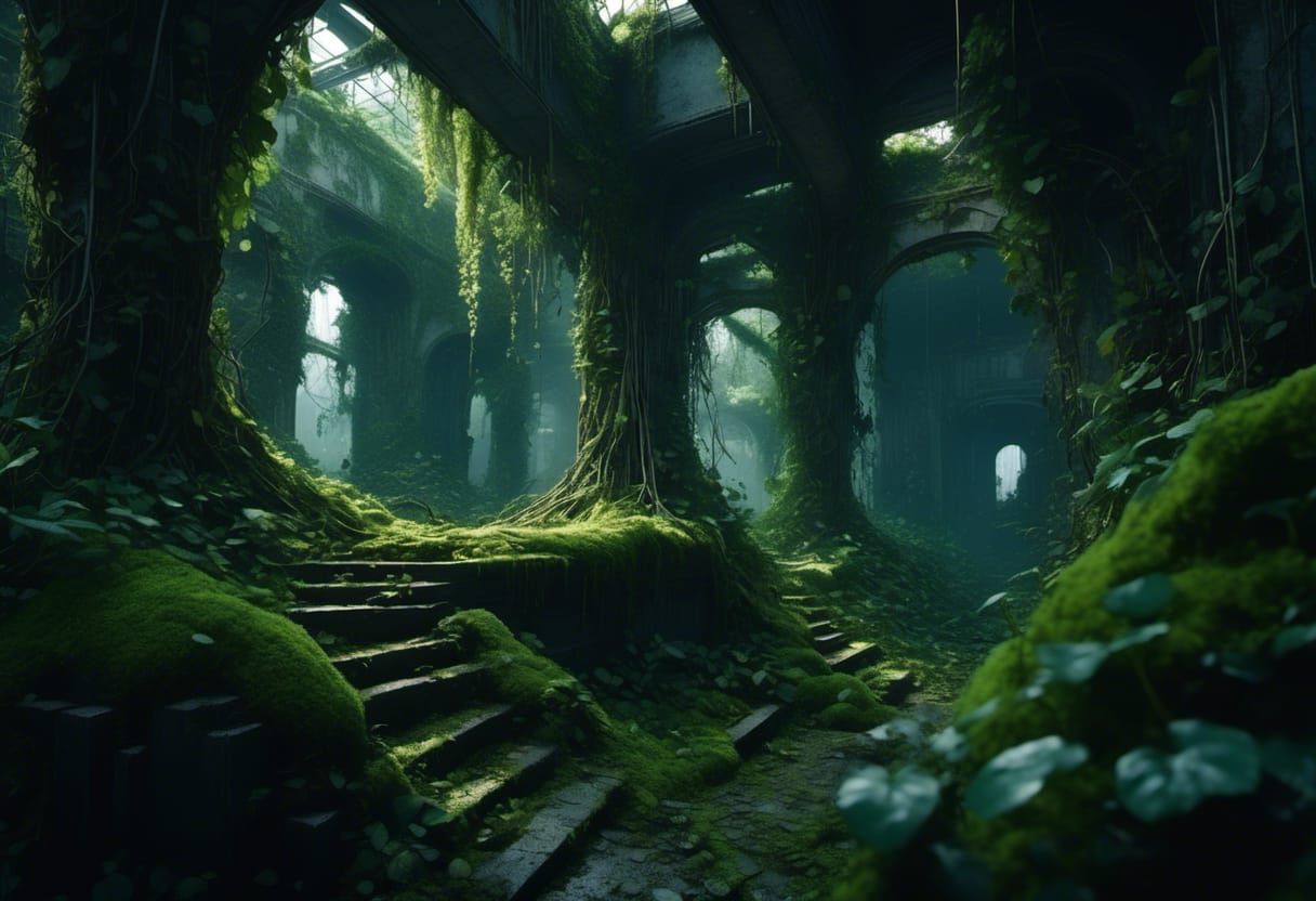 Overgrown City Reclaimed by Nature in Anime Style