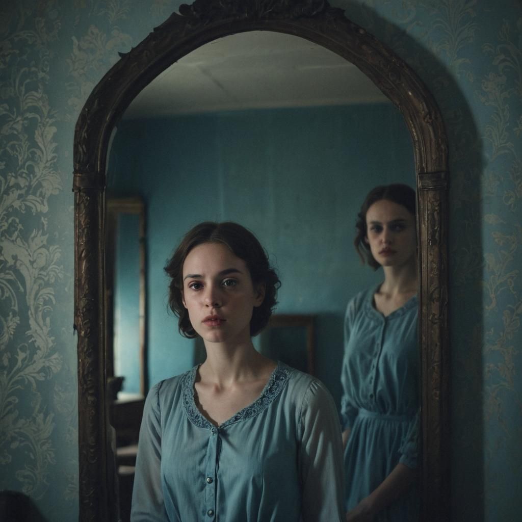 Eerie Surreal Portrait with Uncanny Mirror Reflection