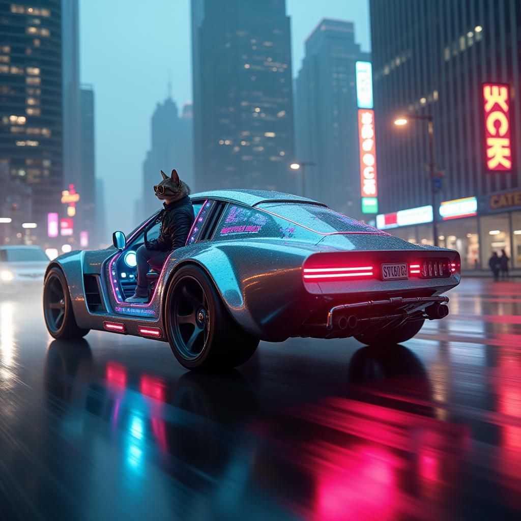 Cyberpunk Cat Drives Neon Cybertruck in Futuristic City