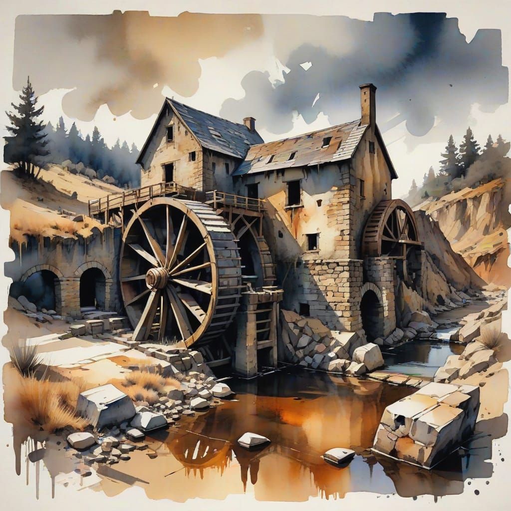 Abandoned Watermill in a Worn, Weathered Landscape