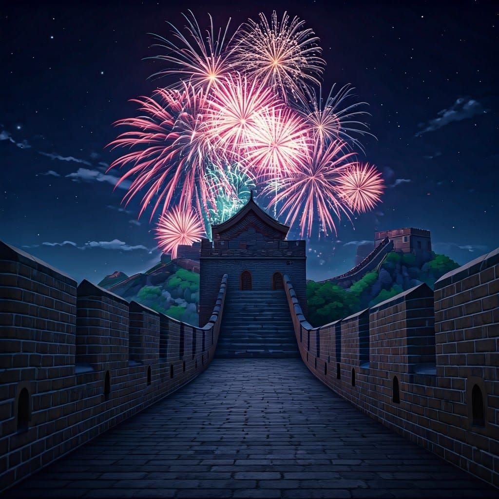 Anime-Style Great Wall of China at Night with Fireworks