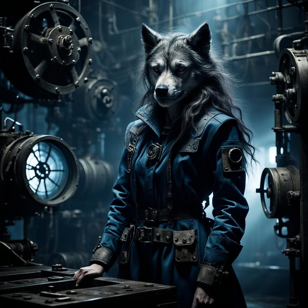 Female Werewolf in Ominous Industrial Chamber
