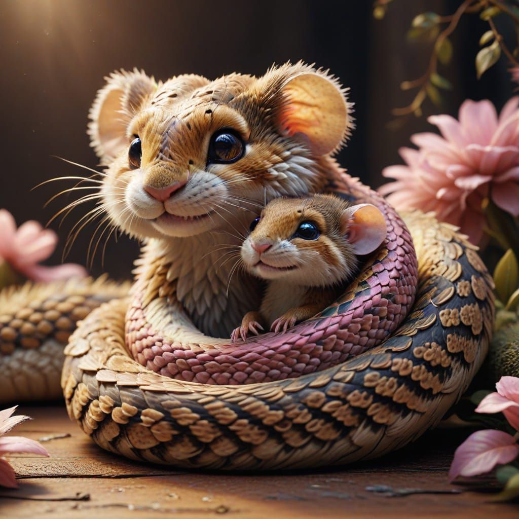 Adorable Snake Hugs Mouse in Hyper-Realistic Fantasy Art