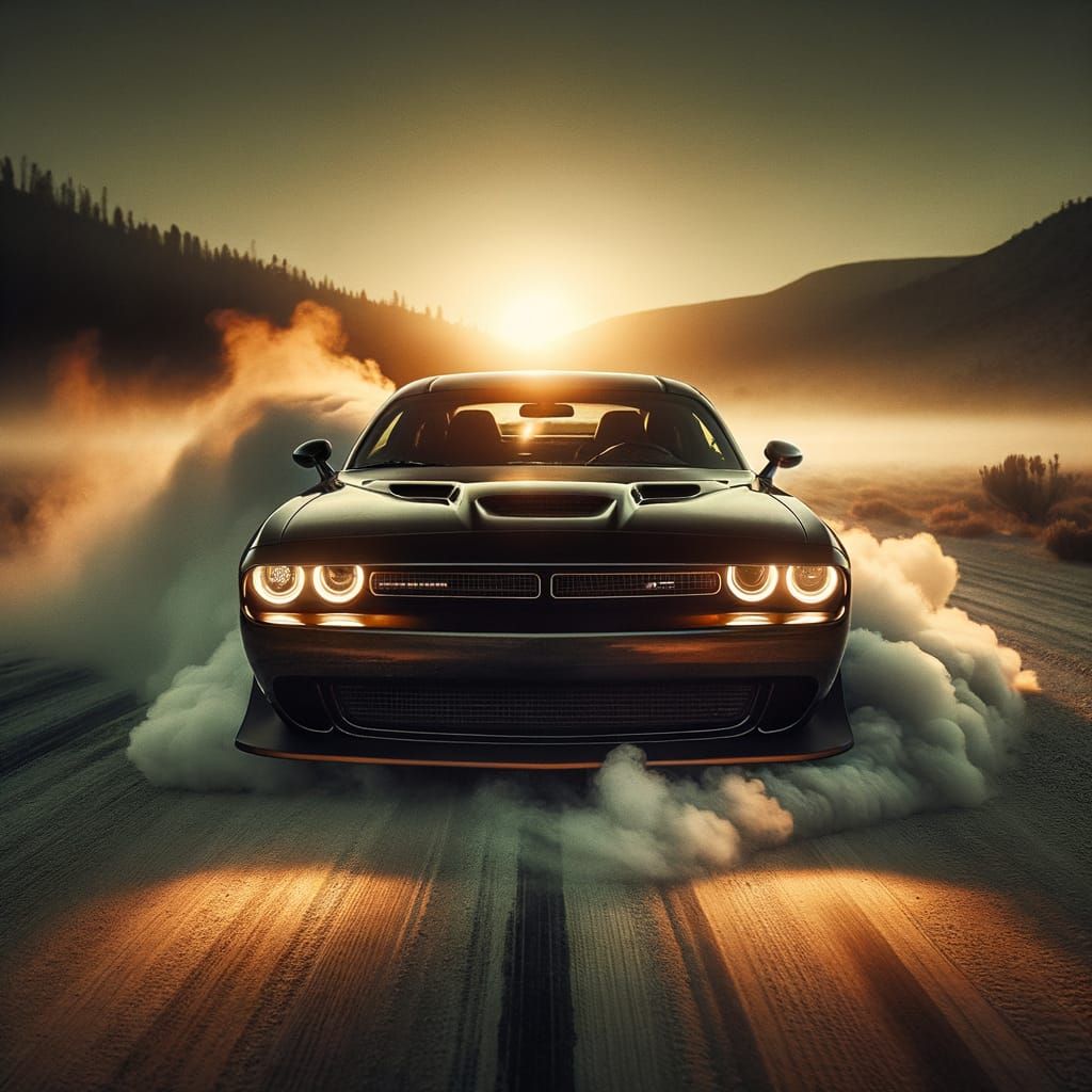 Black Dodge Challenger Burnout at Sunset in Cinematic Style