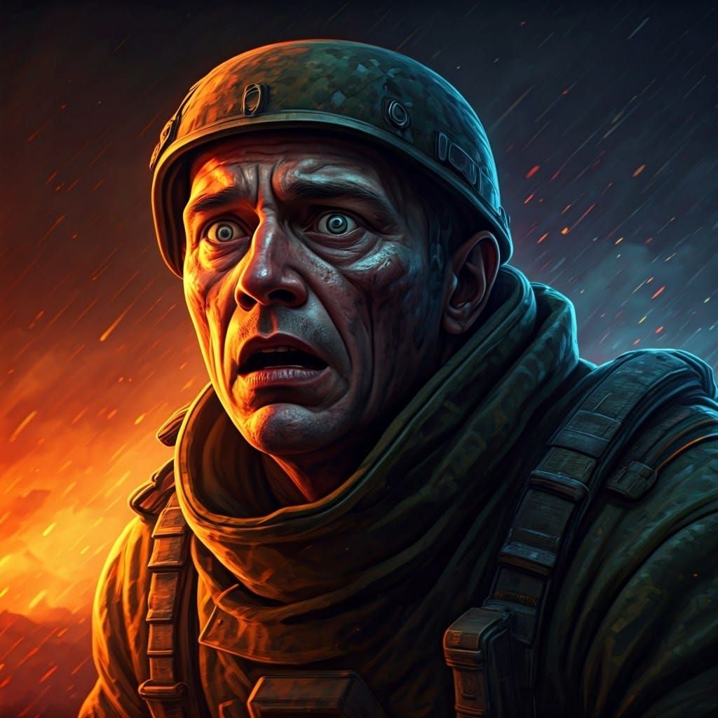 Frightened Soldier in Trenches, Year 2109: Hyperrealistic Ar...