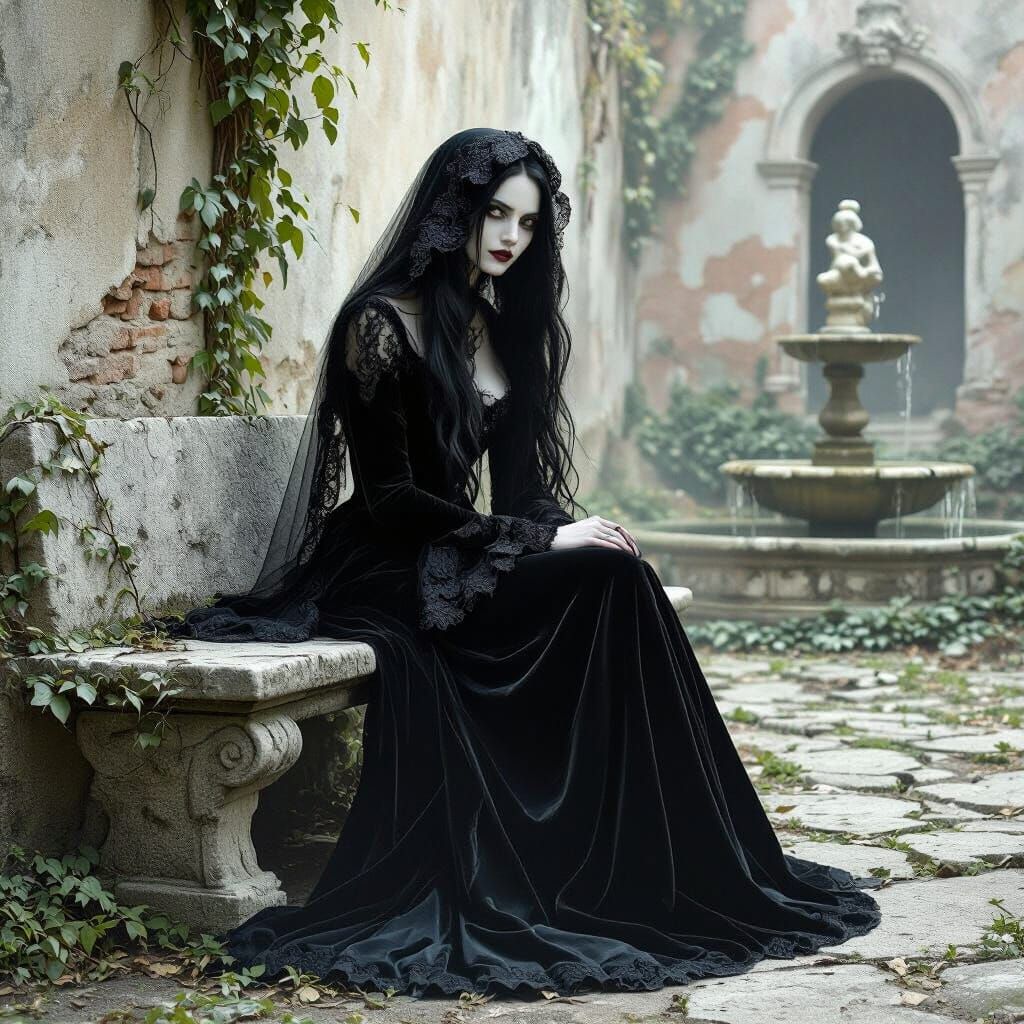 Gothic Woman in Forgotten Courtyard: Hyperrealistic Digital ...