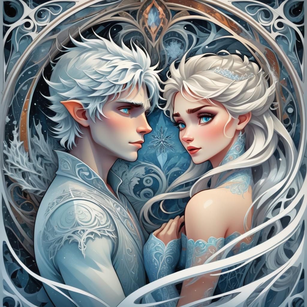 Jack Frost and Elsa in Art Nouveau Winter Blizzard